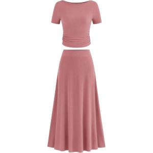 imageBTFBM 2025 Womens Summer 2 Piece Outfits Short Sleeve Crewneck Ruched Slim Fit Tops Flowy Knit Maxi Skirt SetsPink