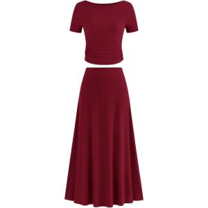 imageBTFBM 2025 Womens Summer 2 Piece Outfits Short Sleeve Crewneck Ruched Slim Fit Tops Flowy Knit Maxi Skirt SetsWine Red