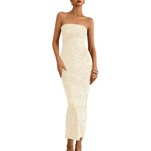 imageBTFBM Women Strapless Bodycon Lace Tube Dress 2025 Summer Back Slit Cocktail Party Formal Wedding Guest Maxi DressesApricot