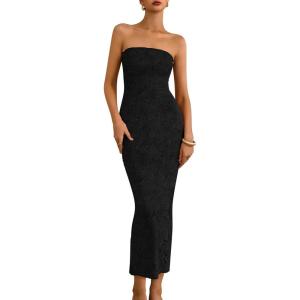 imageBTFBM Women Strapless Bodycon Lace Tube Dress 2025 Summer Back Slit Cocktail Party Formal Wedding Guest Maxi DressesBlack