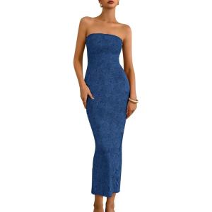 imageBTFBM Women Strapless Bodycon Lace Tube Dress 2025 Summer Back Slit Cocktail Party Formal Wedding Guest Maxi DressesBlue