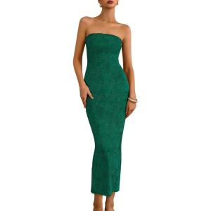 imageBTFBM Women Strapless Bodycon Lace Tube Dress 2025 Summer Back Slit Cocktail Party Formal Wedding Guest Maxi DressesGreen