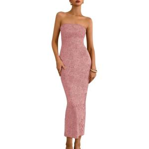 imageBTFBM Women Strapless Bodycon Lace Tube Dress 2025 Summer Back Slit Cocktail Party Formal Wedding Guest Maxi DressesGrey Pink