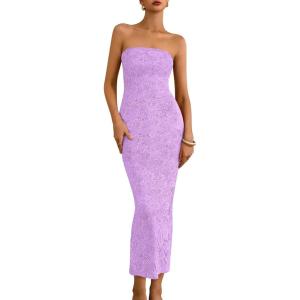 imageBTFBM Women Strapless Bodycon Lace Tube Dress 2025 Summer Back Slit Cocktail Party Formal Wedding Guest Maxi DressesPurple