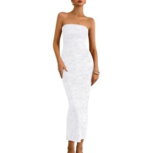 imageBTFBM Women Strapless Bodycon Lace Tube Dress 2025 Summer Back Slit Cocktail Party Formal Wedding Guest Maxi DressesWhite