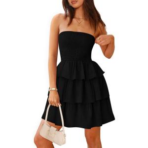 imageBTFBM Womens Summer Smocked Tube Dress Off Shoulder Strapless Casual Sundress Tiered Mini Beach Wedding Guest DressesBlack