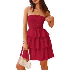 imageBTFBM Womens Summer Smocked Tube Dress Off Shoulder Strapless Casual Sundress Tiered Mini Beach Wedding Guest DressesRed