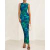 imageBTFBM Women Bodycon Maxi Dresses 2025 Summer Sleeveless Floral Ruched Slit Mesh Party Cocktail Wedding Guest Tank DressBig Floral Green