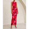 imageBTFBM Women Bodycon Maxi Dresses 2025 Summer Sleeveless Floral Ruched Slit Mesh Party Cocktail Wedding Guest Tank DressBig Floral Wine Red
