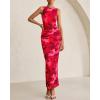 imageBTFBM Women Bodycon Maxi Dresses 2025 Summer Sleeveless Floral Ruched Slit Mesh Party Cocktail Wedding Guest Tank DressBig Floral Wine Red