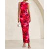 imageBTFBM Women Bodycon Maxi Dresses 2025 Summer Sleeveless Floral Ruched Slit Mesh Party Cocktail Wedding Guest Tank DressBig Floral Wine Red