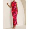 imageBTFBM Women Bodycon Maxi Dresses 2025 Summer Sleeveless Floral Ruched Slit Mesh Party Cocktail Wedding Guest Tank DressBig Floral Wine Red