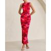 imageBTFBM Women Bodycon Maxi Dresses 2025 Summer Sleeveless Floral Ruched Slit Mesh Party Cocktail Wedding Guest Tank DressBig Floral Wine Red