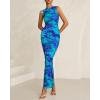 imageBTFBM Women Bodycon Maxi Dresses 2025 Summer Sleeveless Floral Ruched Slit Mesh Party Cocktail Wedding Guest Tank DressFloral Lake Blue