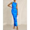 imageBTFBM Women Bodycon Maxi Dresses 2025 Summer Sleeveless Floral Ruched Slit Mesh Party Cocktail Wedding Guest Tank DressFloral Light Blue