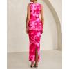 imageBTFBM Women Bodycon Maxi Dresses 2025 Summer Sleeveless Floral Ruched Slit Mesh Party Cocktail Wedding Guest Tank DressFloral Pink