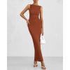imageBTFBM Women Summer 2025 Bodycon Maxi Dress Sleeveless Ruched Mesh Elegant Cocktail Party Formal Wedding Guest DressesCaramel