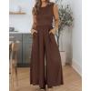 imageBTFBM Womens Casual Jumpsuits Dressy 2025 Summer One Piece Outfits Crew Neck Sleeveless Knit Wide Leg Pants RomperCoffee