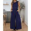 imageBTFBM Womens Casual Jumpsuits Dressy 2025 Summer One Piece Outfits Crew Neck Sleeveless Knit Wide Leg Pants RomperNavy
