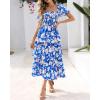 imageBTFBM Womens Square Neck Smocked Dress Summer Puff Short Sleeve Floral Casual Ruffle Tiered Maxi Wedding Guest DressesFloral Blue White