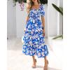 imageBTFBM Womens Square Neck Smocked Dress Summer Puff Short Sleeve Floral Casual Ruffle Tiered Maxi Wedding Guest DressesFloral Blue White