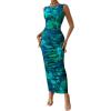 imageBTFBM Women Bodycon Maxi Dresses 2025 Summer Sleeveless Floral Ruched Slit Mesh Party Cocktail Wedding Guest Tank DressBig Floral Green