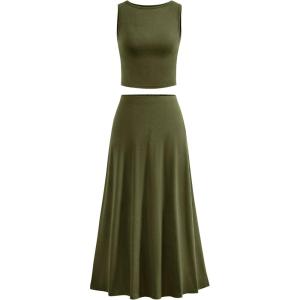 imageBTFBM Two Piece Skirt Set For Women 2025 Spring Summer Outfits Sleeveless Tank Top Elastic Waist Flowy Long Maxi SkirtsArmy Green