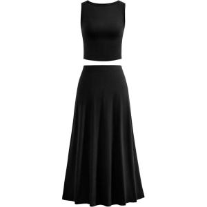 imageBTFBM Two Piece Skirt Set For Women 2025 Spring Summer Outfits Sleeveless Tank Top Elastic Waist Flowy Long Maxi SkirtsBlack