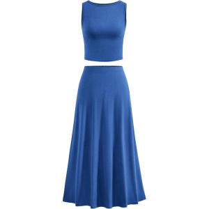 imageBTFBM Two Piece Skirt Set For Women 2025 Spring Summer Outfits Sleeveless Tank Top Elastic Waist Flowy Long Maxi SkirtsBlue