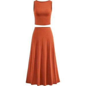 imageBTFBM Two Piece Skirt Set For Women 2025 Spring Summer Outfits Sleeveless Tank Top Elastic Waist Flowy Long Maxi SkirtsBrick Red