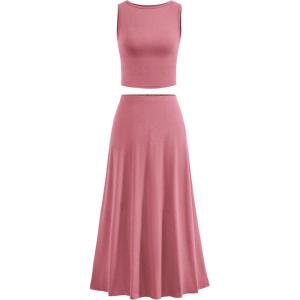 imageBTFBM Two Piece Skirt Set For Women 2025 Spring Summer Outfits Sleeveless Tank Top Elastic Waist Flowy Long Maxi SkirtsPink