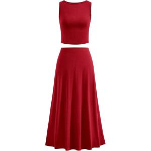 imageBTFBM Two Piece Skirt Set For Women 2025 Spring Summer Outfits Sleeveless Tank Top Elastic Waist Flowy Long Maxi SkirtsRed