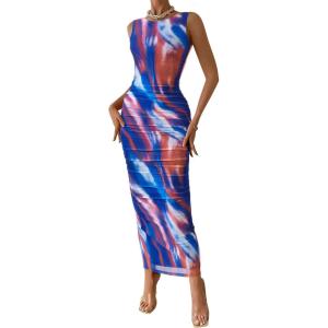 imageBTFBM Women Bodycon Maxi Dresses 2025 Summer Sleeveless Floral Ruched Slit Mesh Party Cocktail Wedding Guest Tank DressFloral Dark Blue