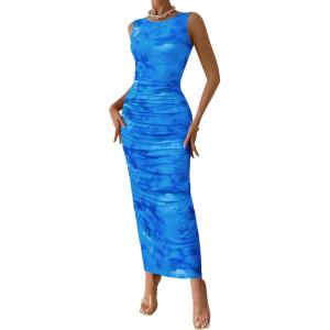 imageBTFBM Women Bodycon Maxi Dresses 2025 Summer Sleeveless Floral Ruched Slit Mesh Party Cocktail Wedding Guest Tank DressFloral Light Blue