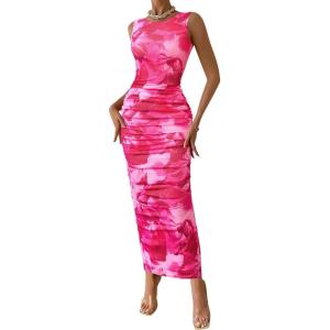 imageBTFBM Women Bodycon Maxi Dresses 2025 Summer Sleeveless Floral Ruched Slit Mesh Party Cocktail Wedding Guest Tank DressFloral Pink