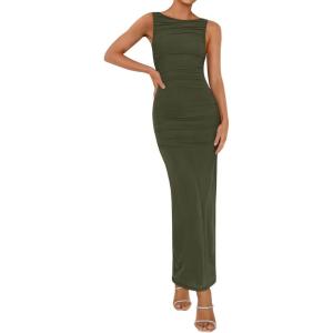 imageBTFBM Women Summer 2025 Bodycon Maxi Dress Sleeveless Ruched Mesh Elegant Cocktail Party Formal Wedding Guest DressesArmy Green