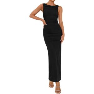 imageBTFBM Women Summer 2025 Bodycon Maxi Dress Sleeveless Ruched Mesh Elegant Cocktail Party Formal Wedding Guest DressesBlack