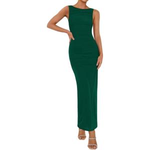 imageBTFBM Women Summer 2025 Bodycon Maxi Dress Sleeveless Ruched Mesh Elegant Cocktail Party Formal Wedding Guest DressesGreen