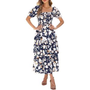 imageBTFBM Womens Square Neck Smocked Dress Summer Puff Short Sleeve Floral Casual Ruffle Tiered Maxi Wedding Guest DressesFloral Navy White