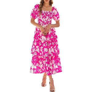 imageBTFBM Womens Square Neck Smocked Dress Summer Puff Short Sleeve Floral Casual Ruffle Tiered Maxi Wedding Guest DressesFloral Rose Red White