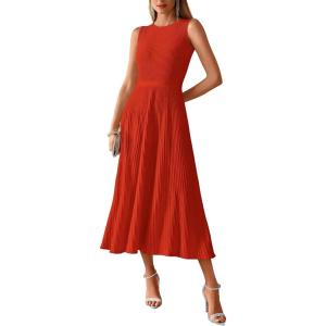 imageBTFBM Womens Midi Bodycon Tank Dress Summer Crewneck Rib Knit Sleeveless Pleated Swing A Line Business Casual DressesBrick Red