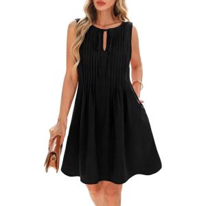imageBTFBM Womens Summer Mini Dress 2025 Sleeveless Crew Neck Cute Bow Tie Front Flowy Pleated Casual Short Dresses PocketsBlack