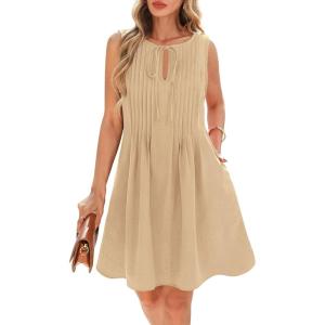 imageBTFBM Womens Summer Mini Dress 2025 Sleeveless Crew Neck Cute Bow Tie Front Flowy Pleated Casual Short Dresses PocketsKhaki