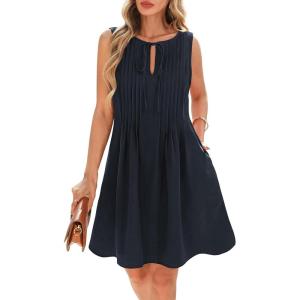 imageBTFBM Womens Summer Mini Dress 2025 Sleeveless Crew Neck Cute Bow Tie Front Flowy Pleated Casual Short Dresses PocketsNavy