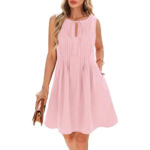 imageBTFBM Womens Summer Mini Dress 2025 Sleeveless Crew Neck Cute Bow Tie Front Flowy Pleated Casual Short Dresses PocketsPink