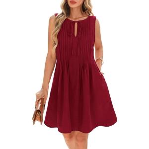 imageBTFBM Womens Summer Mini Dress 2025 Sleeveless Crew Neck Cute Bow Tie Front Flowy Pleated Casual Short Dresses PocketsRed