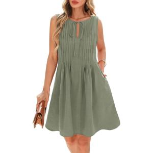 imageBTFBM Womens Summer Mini Dress 2025 Sleeveless Crew Neck Cute Bow Tie Front Flowy Pleated Casual Short Dresses PocketsSage Green