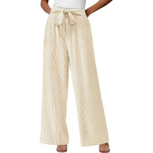 imageBTFBM Womens Striped Wide Leg Pants Dressy High Waist Trousers Business Casual Loose Flowy Tie Knot Palazzo PantsApricot