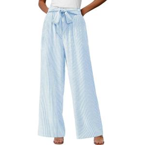 imageBTFBM Womens Striped Wide Leg Pants Dressy High Waist Trousers Business Casual Loose Flowy Tie Knot Palazzo PantsLight Blue