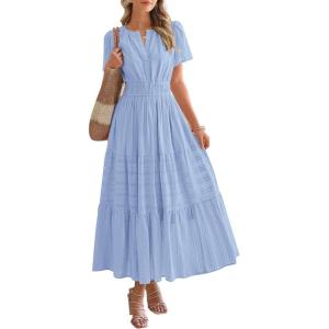 imageBTFBM Womens Summer 2025 Casual Midi Maxi Dresses Lightweight Short Sleeve V Neck Elastic Waist Boho Beach Dress PocketsLight Blue